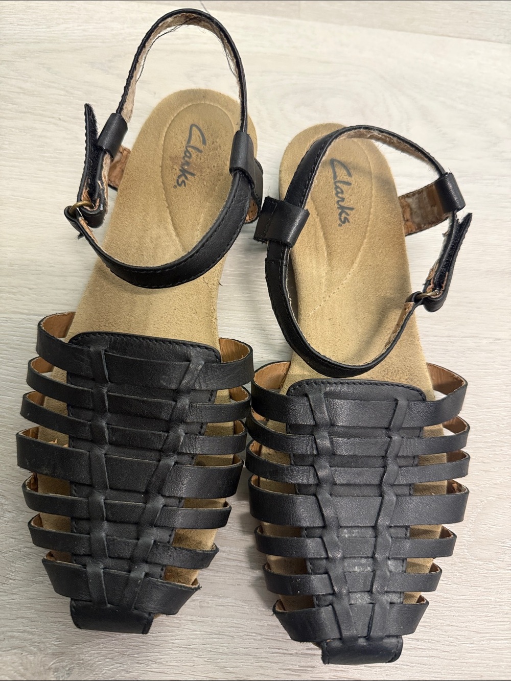 Clarks Black Strappy Woven Leather Ankle-Strap Sandals